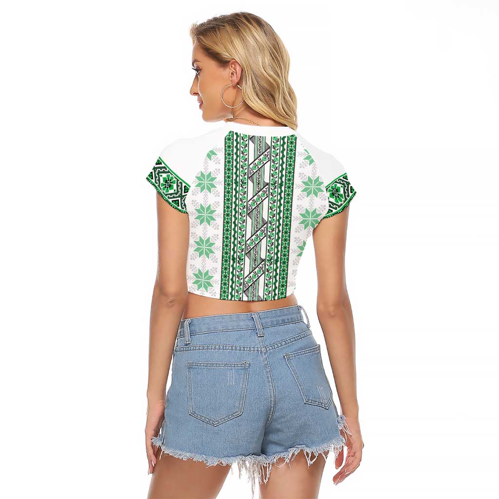 Ukraine Raglan Cropped T Shirt Traditional Braided Rope Belt Green Folk Pattern