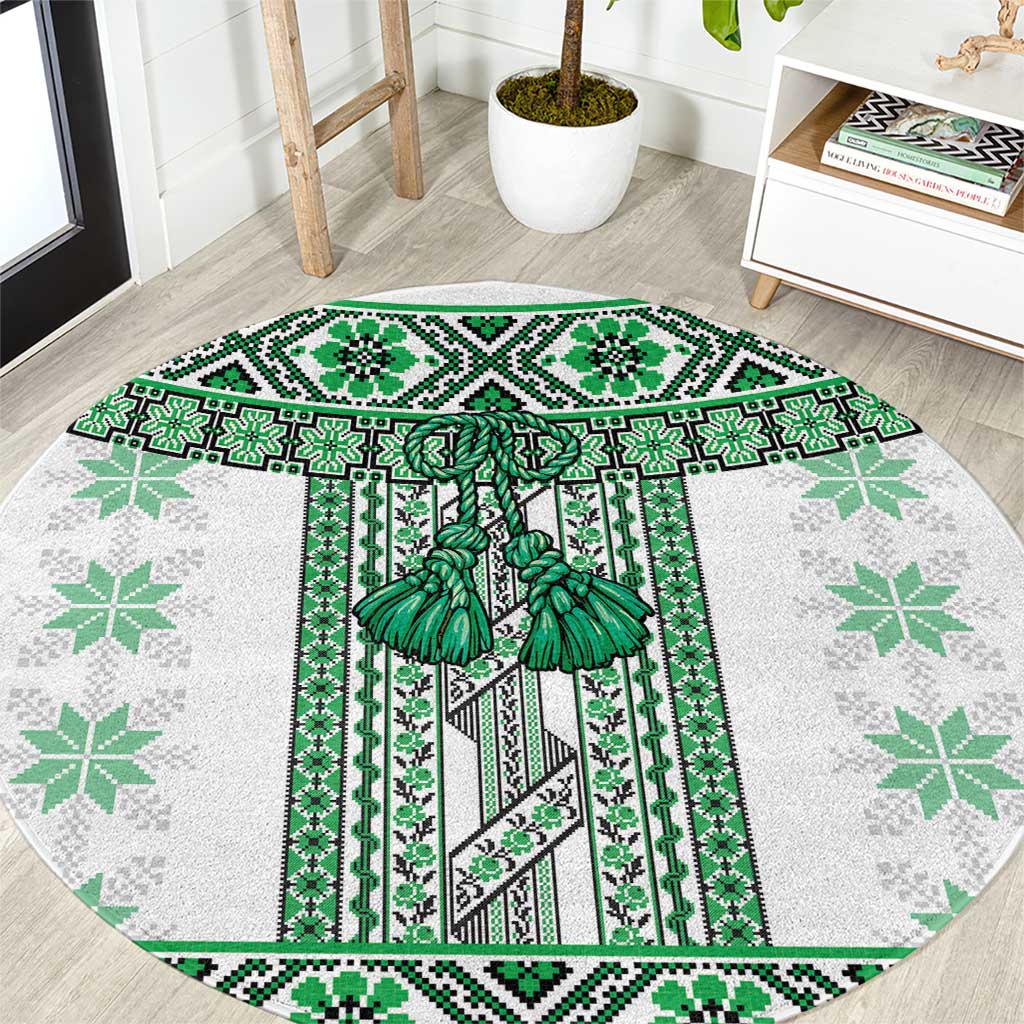 Ukraine Round Carpet Traditional Braided Rope Belt Green Folk Pattern