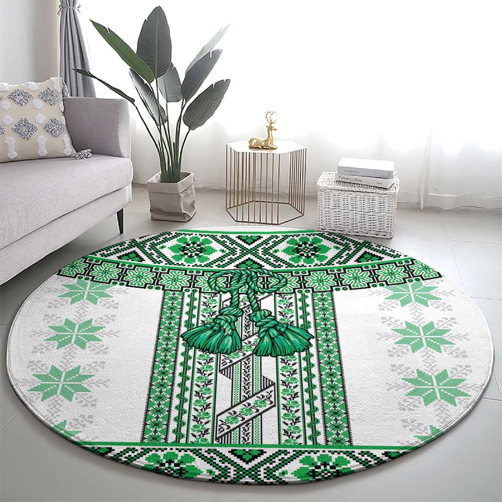 Ukraine Round Carpet Traditional Braided Rope Belt Green Folk Pattern