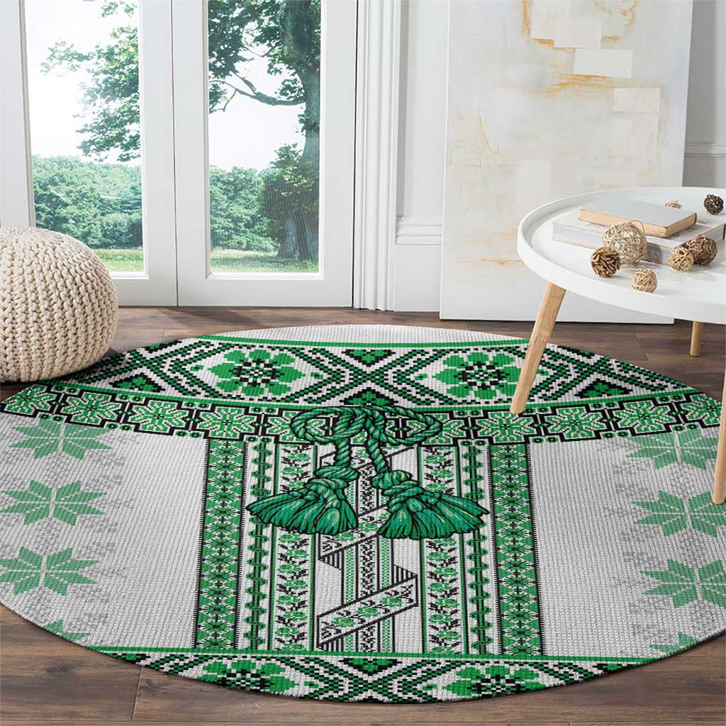 Ukraine Round Carpet Traditional Braided Rope Belt Green Folk Pattern