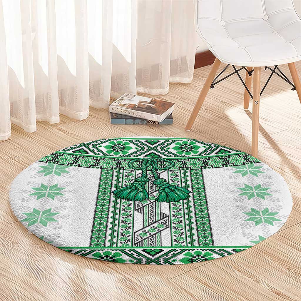Ukraine Round Carpet Traditional Braided Rope Belt Green Folk Pattern