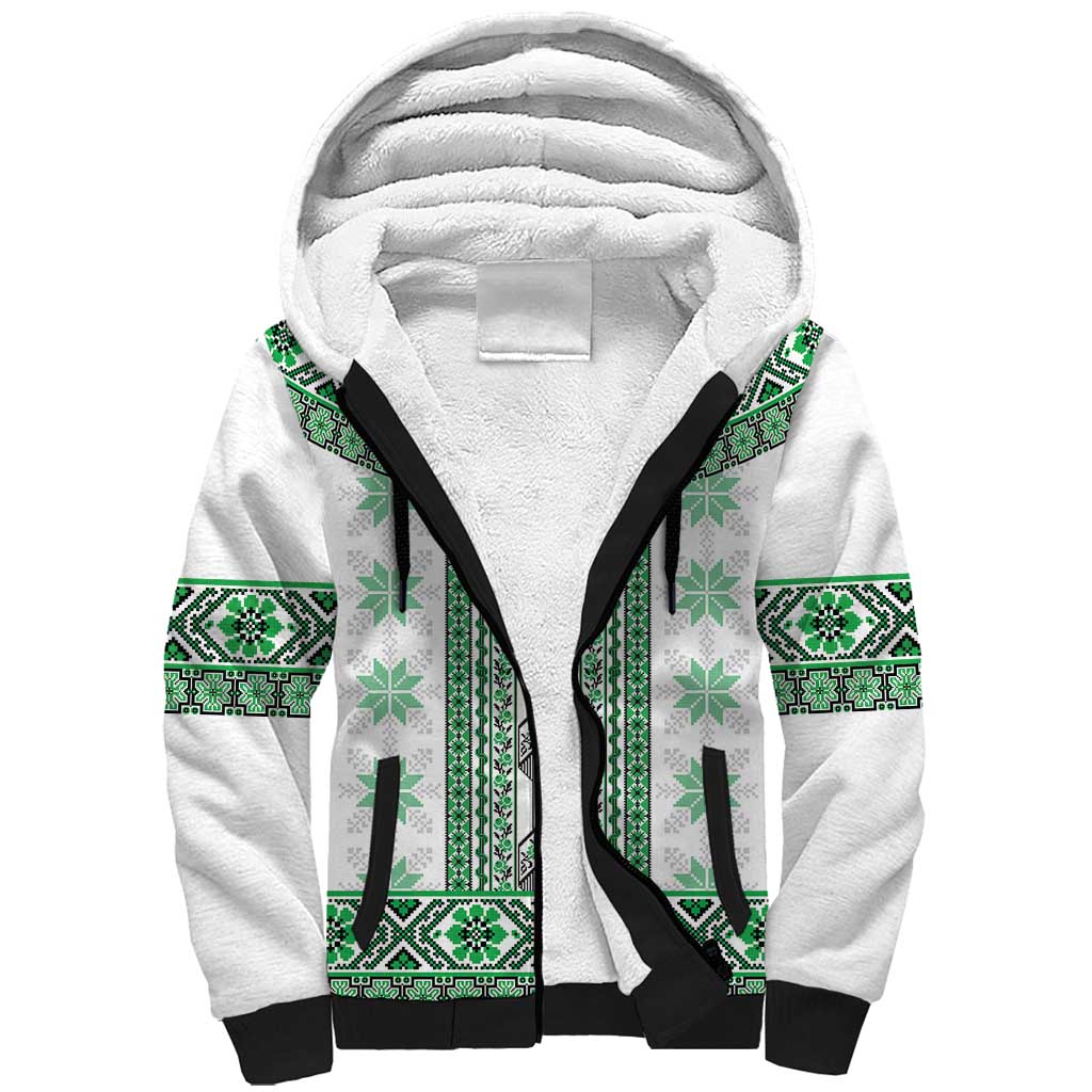 Ukraine Sherpa Hoodie Traditional Braided Rope Belt Green Folk Pattern