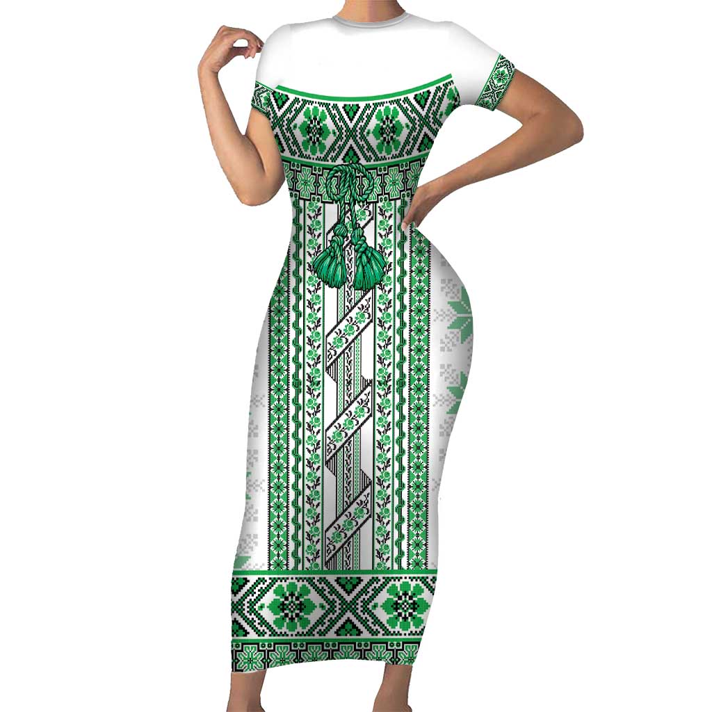 Ukraine Short Sleeve Bodycon Dress Traditional Braided Rope Belt Green Folk Pattern