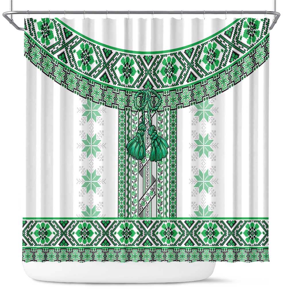 Ukraine Shower Curtain Traditional Braided Rope Belt Green Folk Pattern