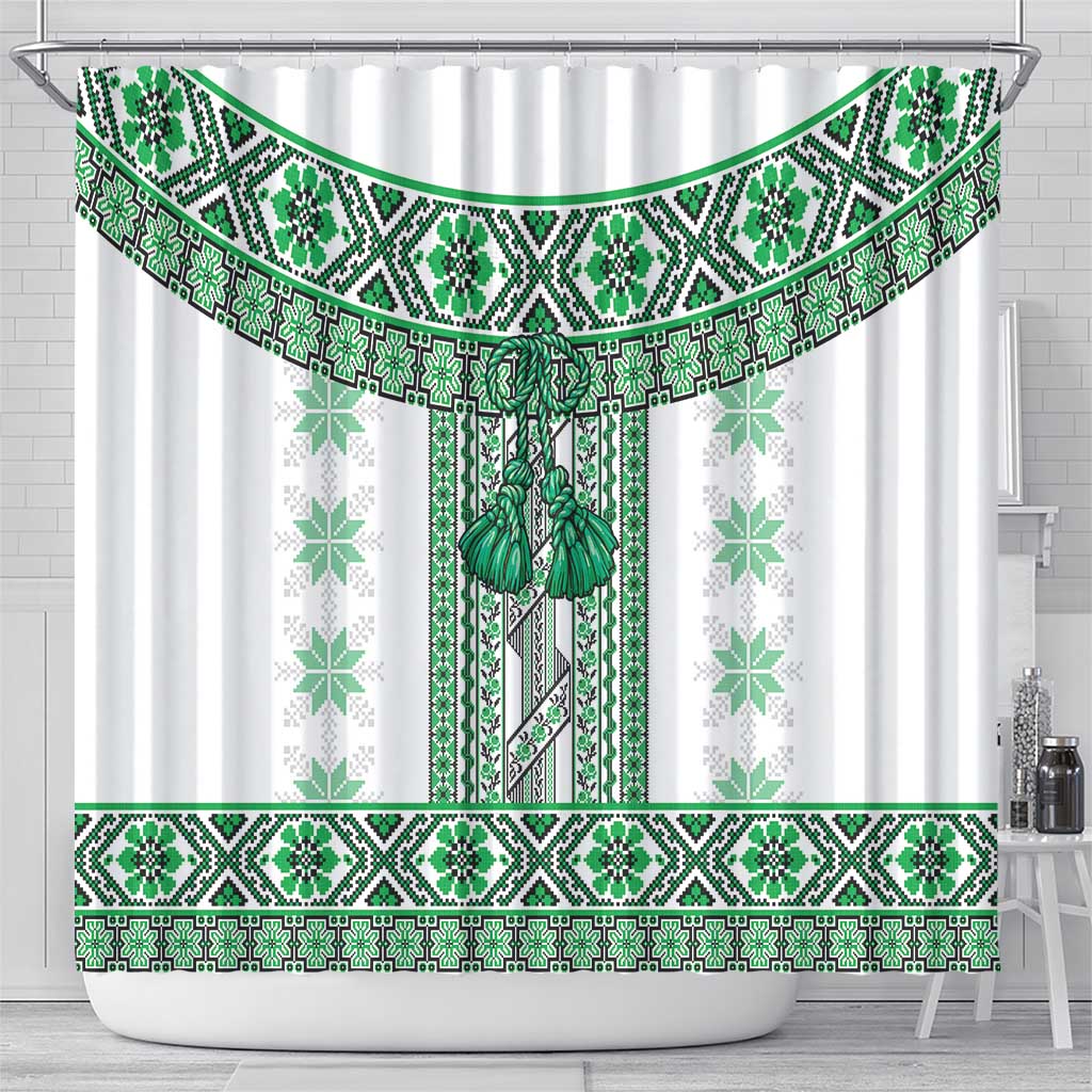 Ukraine Shower Curtain Traditional Braided Rope Belt Green Folk Pattern