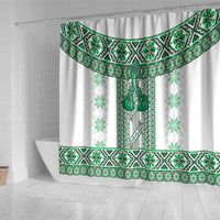 Ukraine Shower Curtain Traditional Braided Rope Belt Green Folk Pattern