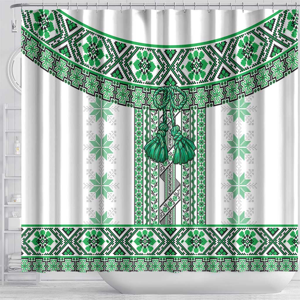 Ukraine Shower Curtain Traditional Braided Rope Belt Green Folk Pattern