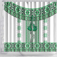 Ukraine Shower Curtain Traditional Braided Rope Belt Green Folk Pattern
