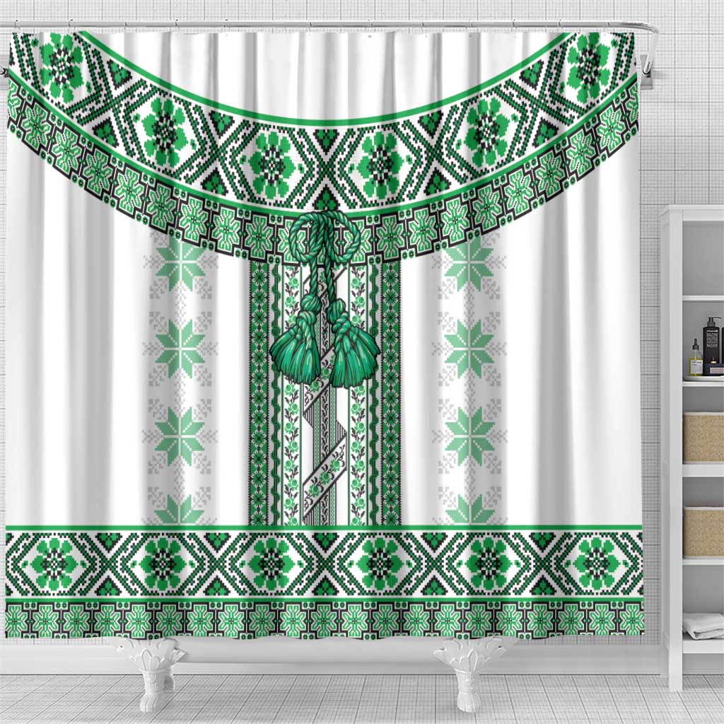 Ukraine Shower Curtain Traditional Braided Rope Belt Green Folk Pattern