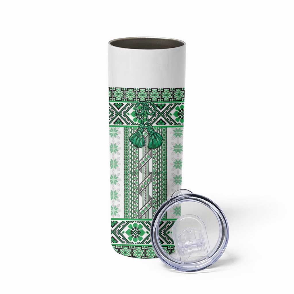Ukraine Skinny Tumbler Traditional Braided Rope Belt Green Folk Pattern