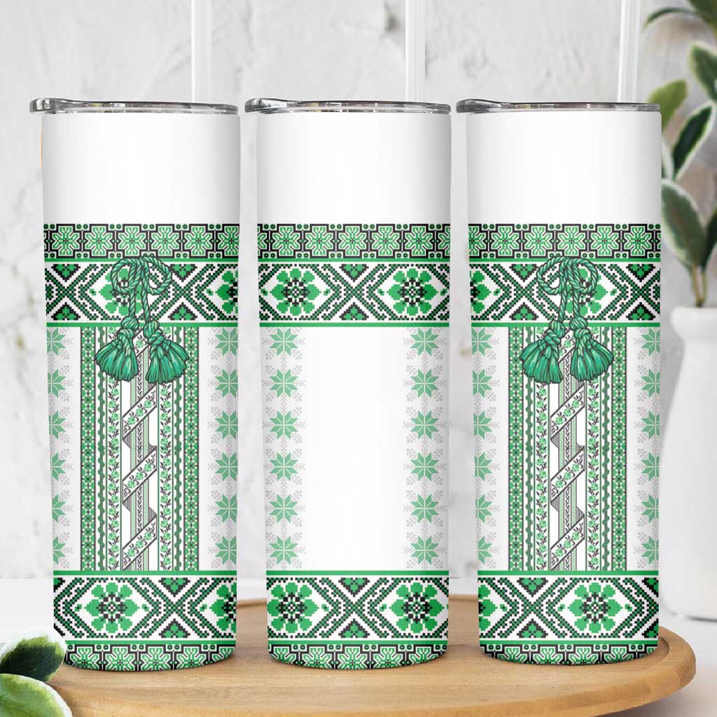 Ukraine Skinny Tumbler Traditional Braided Rope Belt Green Folk Pattern