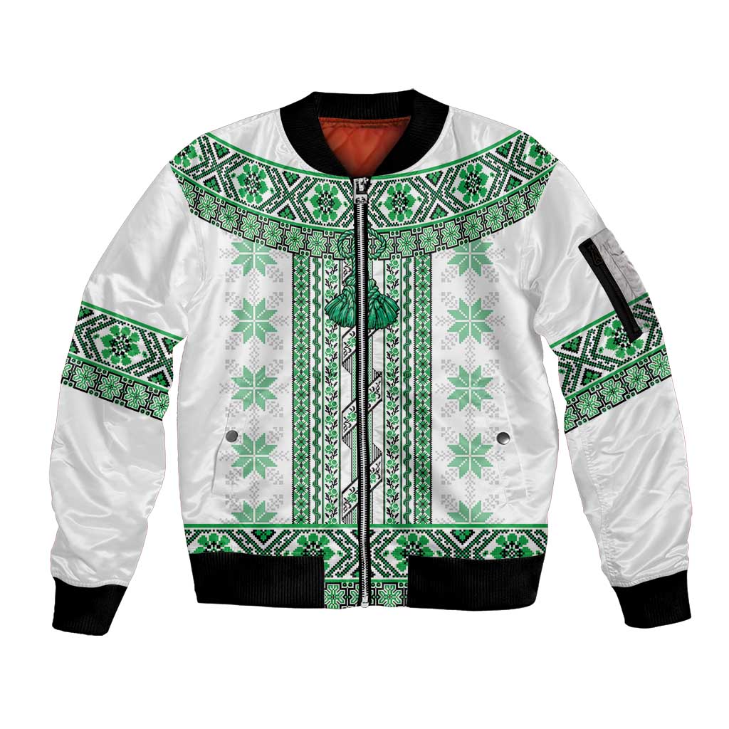 Ukraine Sleeve Zip Bomber Jacket Traditional Braided Rope Belt Green Folk Pattern