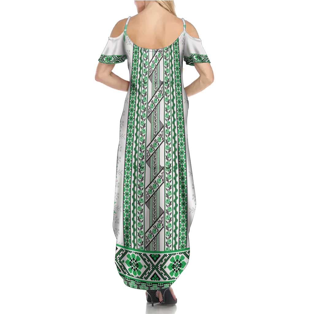 Ukraine Summer Maxi Dress Traditional Braided Rope Belt Green Folk Pattern