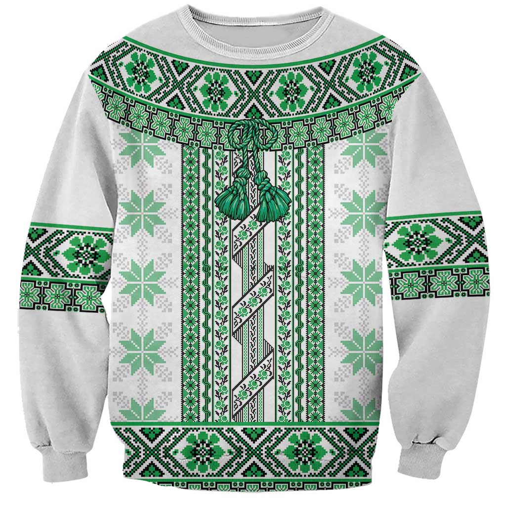 Ukraine Sweatshirt Traditional Braided Rope Belt Green Folk Pattern
