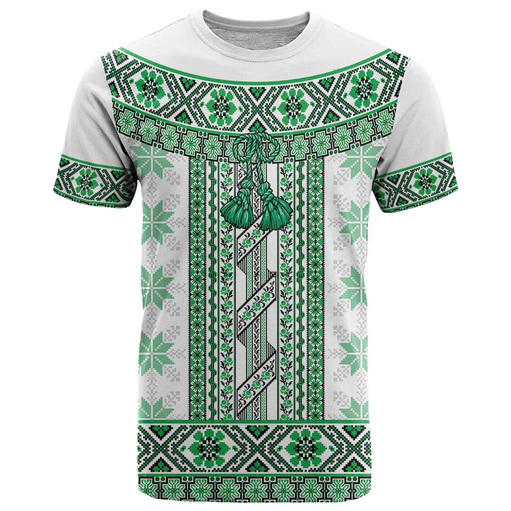 Ukraine T Shirt Traditional Braided Rope Belt Green Folk Pattern