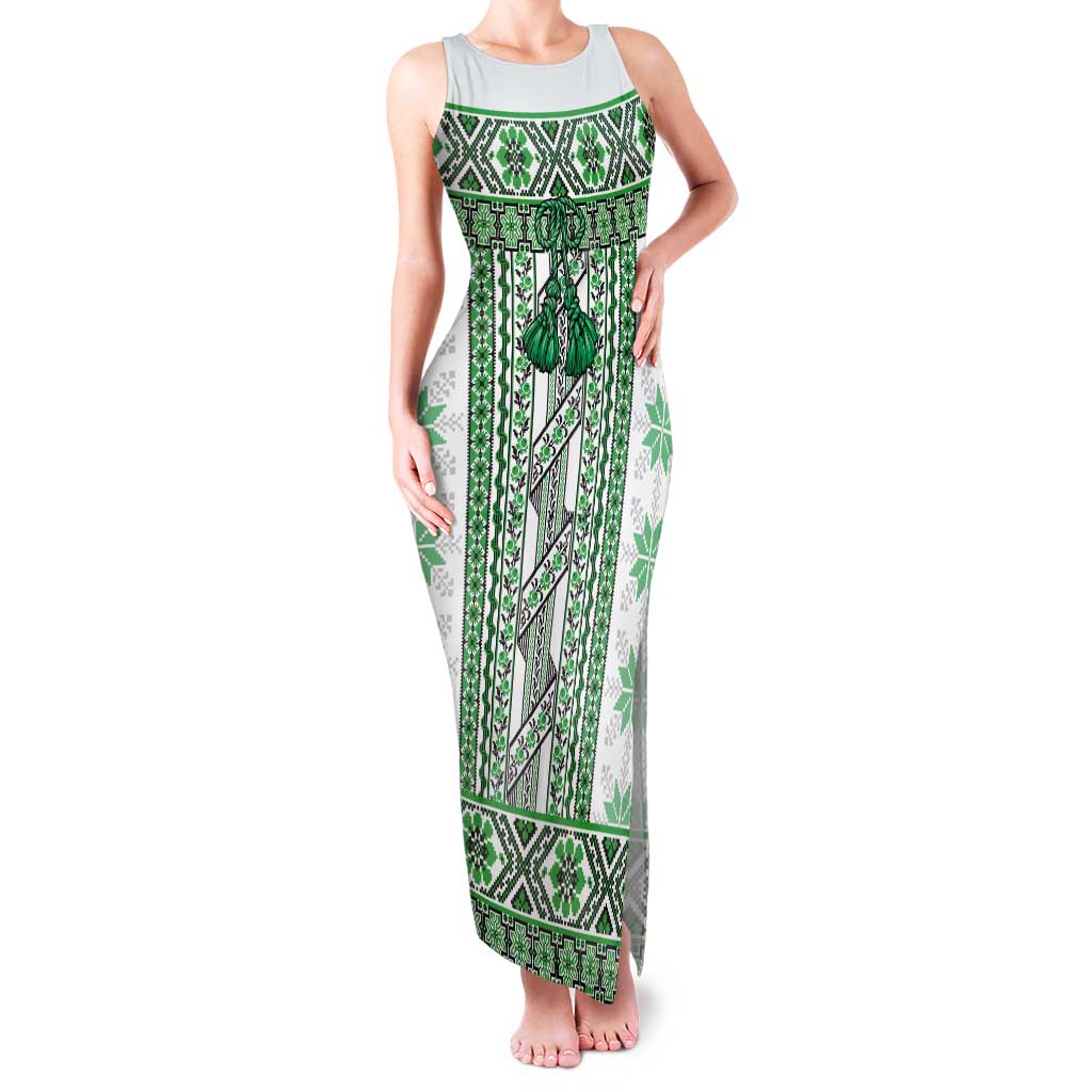 Ukraine Tank Maxi Dress Traditional Braided Rope Belt Green Folk Pattern