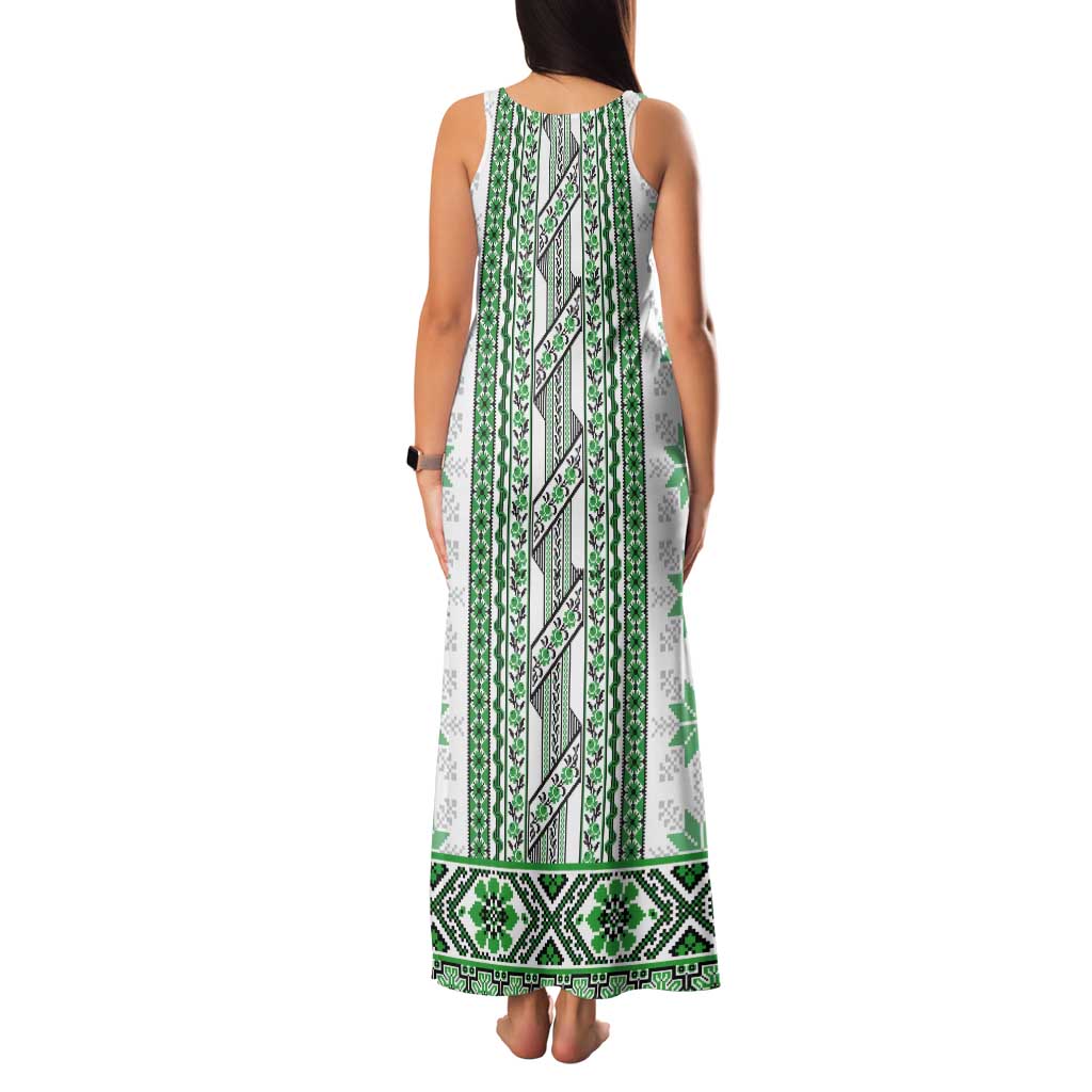 Ukraine Tank Maxi Dress Traditional Braided Rope Belt Green Folk Pattern