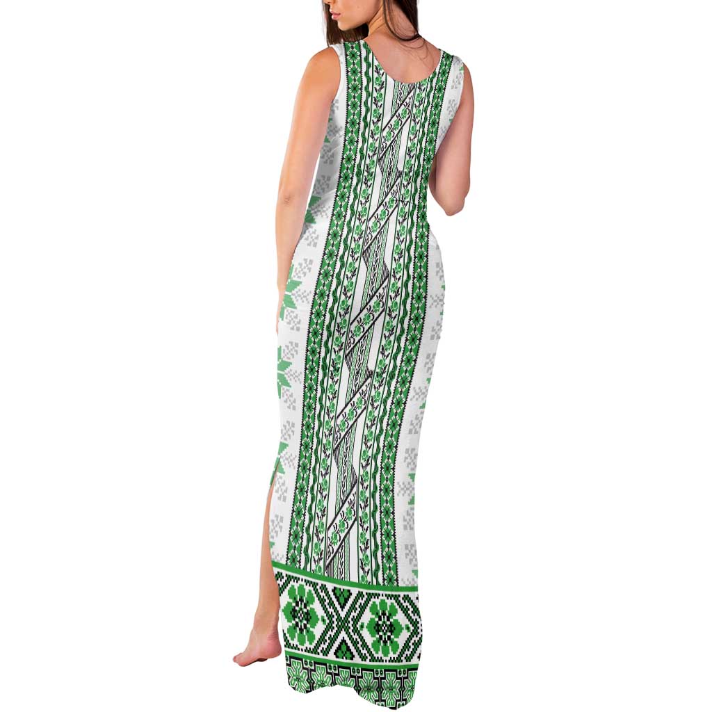 Ukraine Tank Maxi Dress Traditional Braided Rope Belt Green Folk Pattern