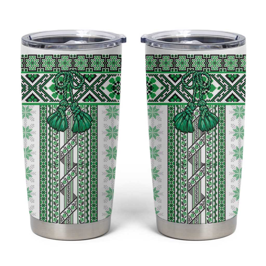 Ukraine Tumbler Cup Traditional Braided Rope Belt Green Folk Pattern