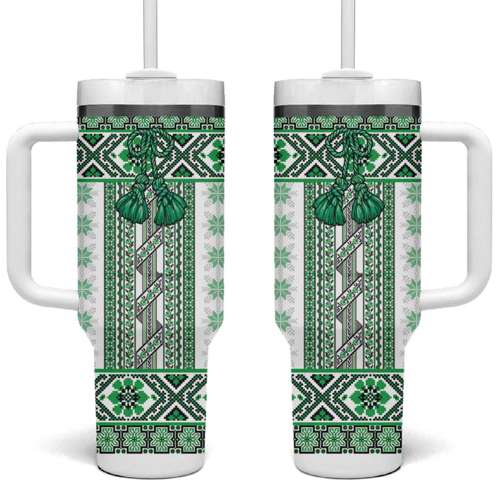 Ukraine Tumbler With Handle Traditional Braided Rope Belt Green Folk Pattern