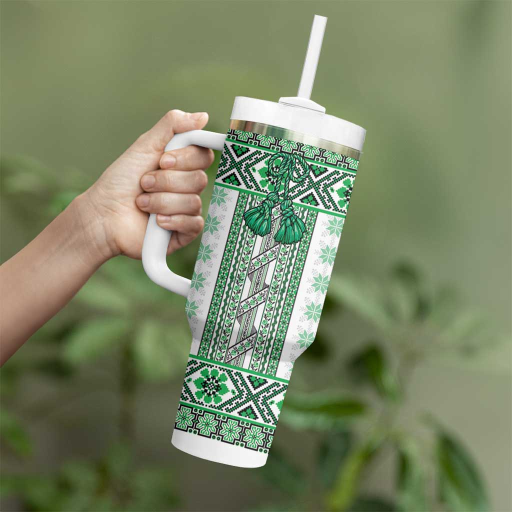 Ukraine Tumbler With Handle Traditional Braided Rope Belt Green Folk Pattern