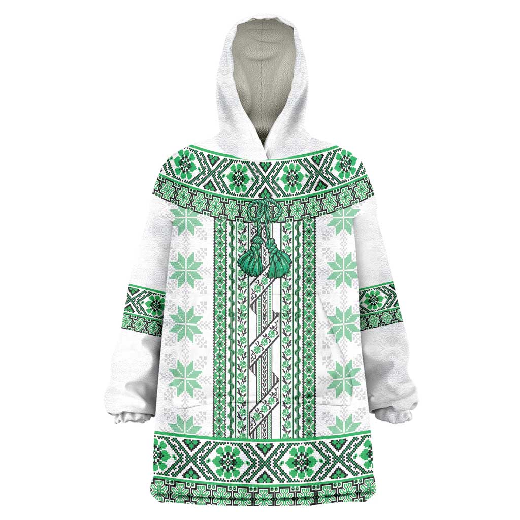 Ukraine Wearable Blanket Hoodie Traditional Braided Rope Belt Green Folk Pattern