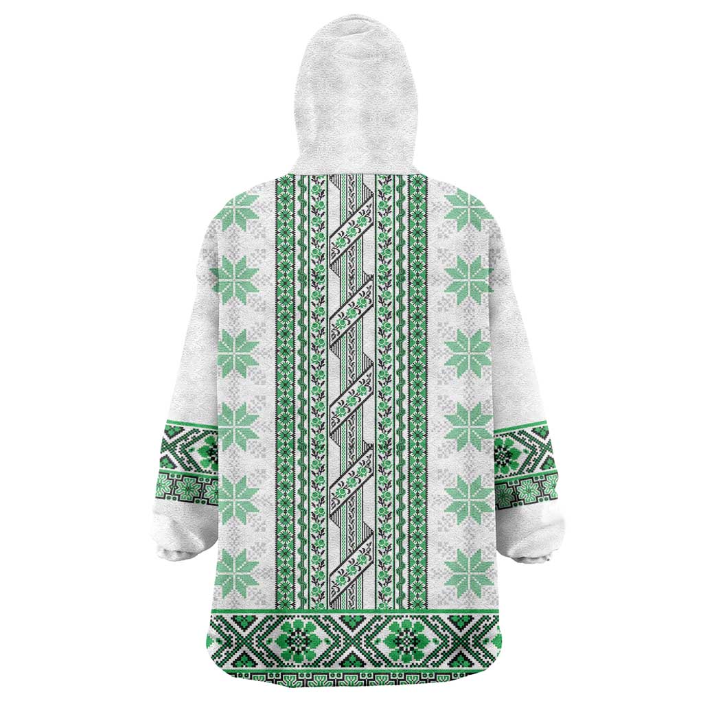 Ukraine Wearable Blanket Hoodie Traditional Braided Rope Belt Green Folk Pattern