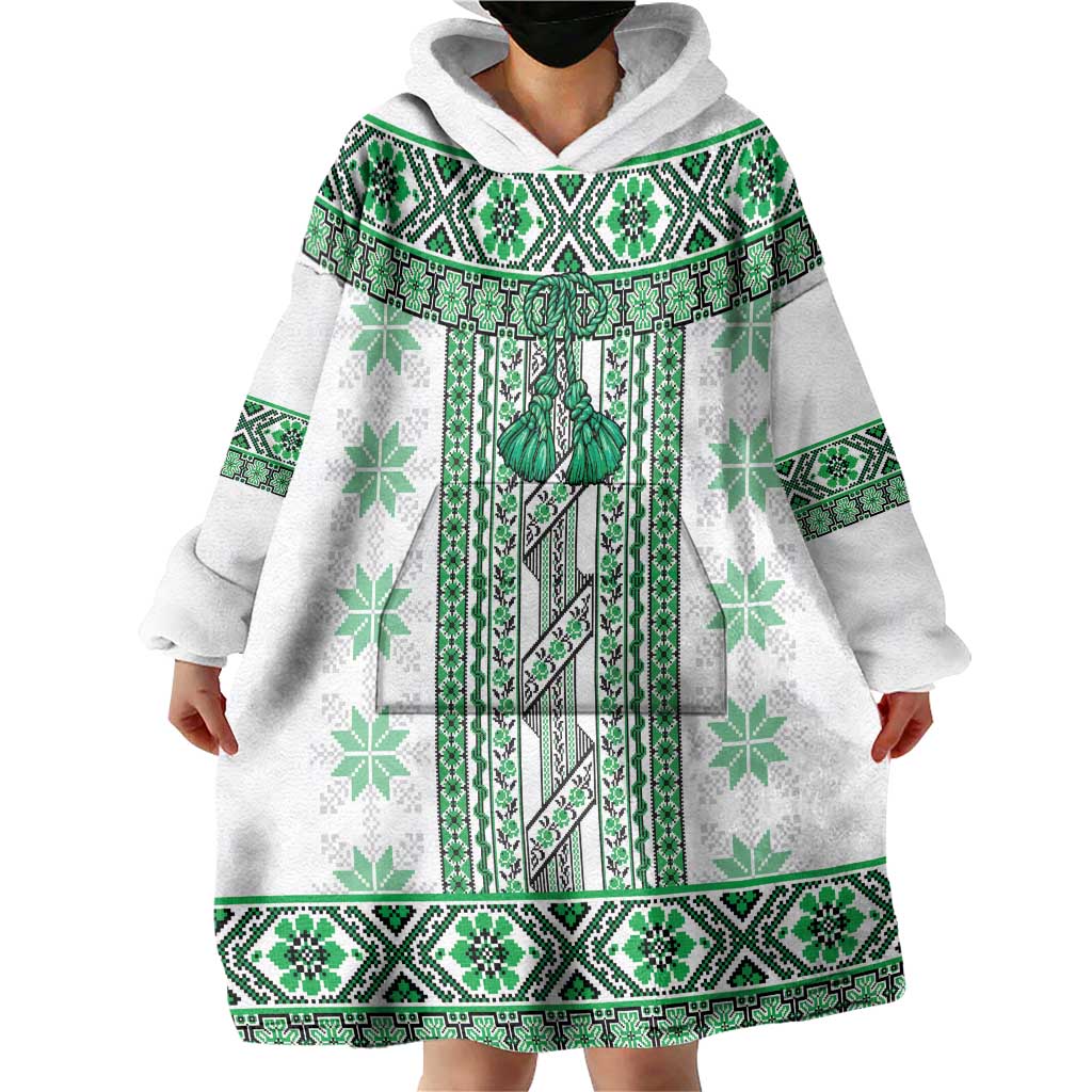 Ukraine Wearable Blanket Hoodie Traditional Braided Rope Belt Green Folk Pattern