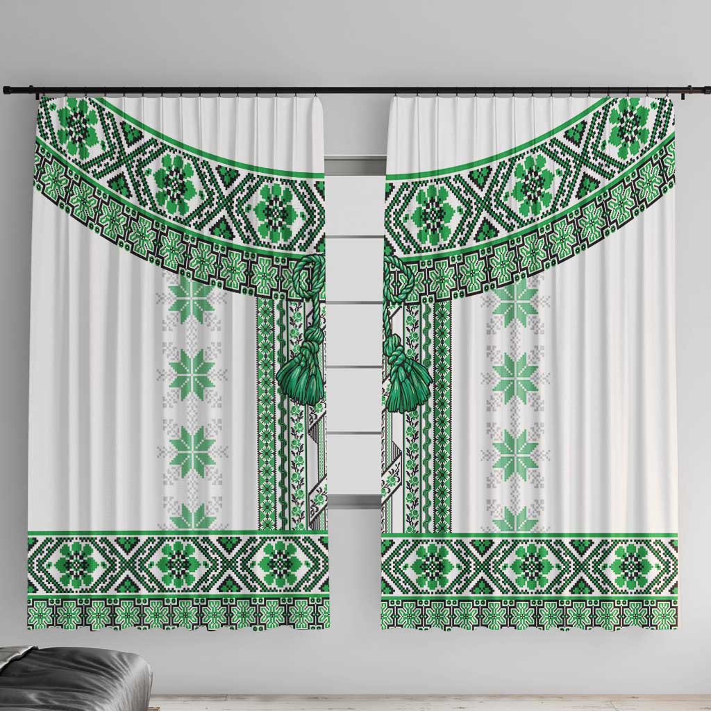 Ukraine Window Curtain Traditional Braided Rope Belt Green Folk Pattern
