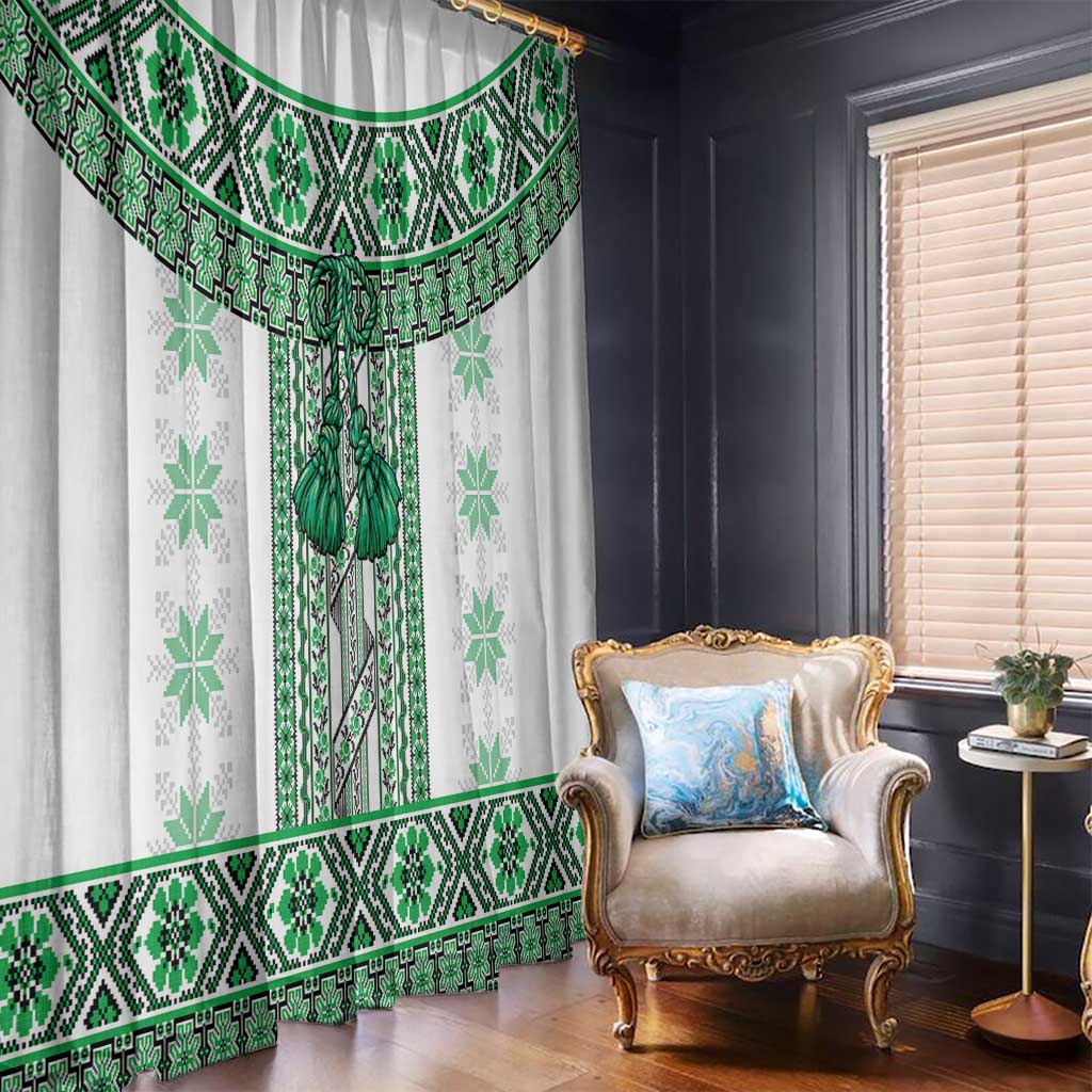 Ukraine Window Curtain Traditional Braided Rope Belt Green Folk Pattern