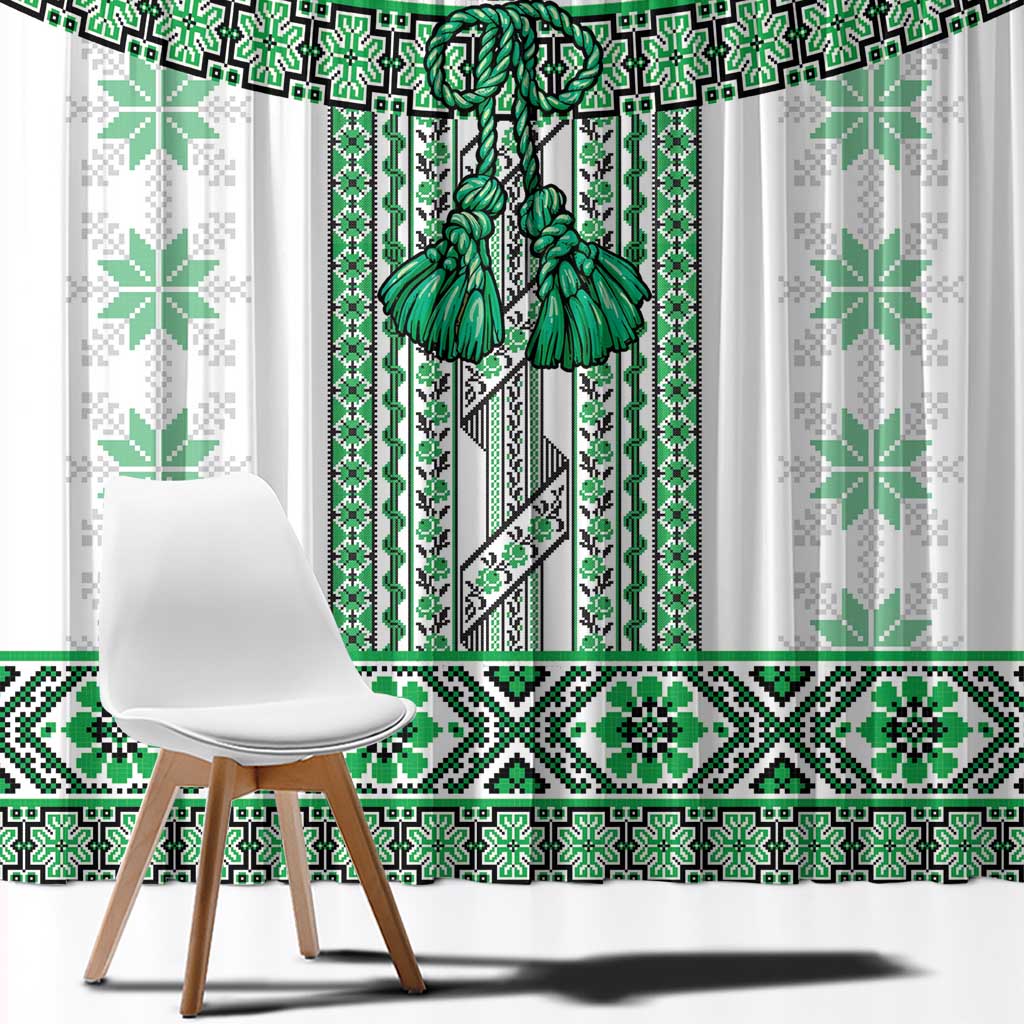 Ukraine Window Curtain Traditional Braided Rope Belt Green Folk Pattern