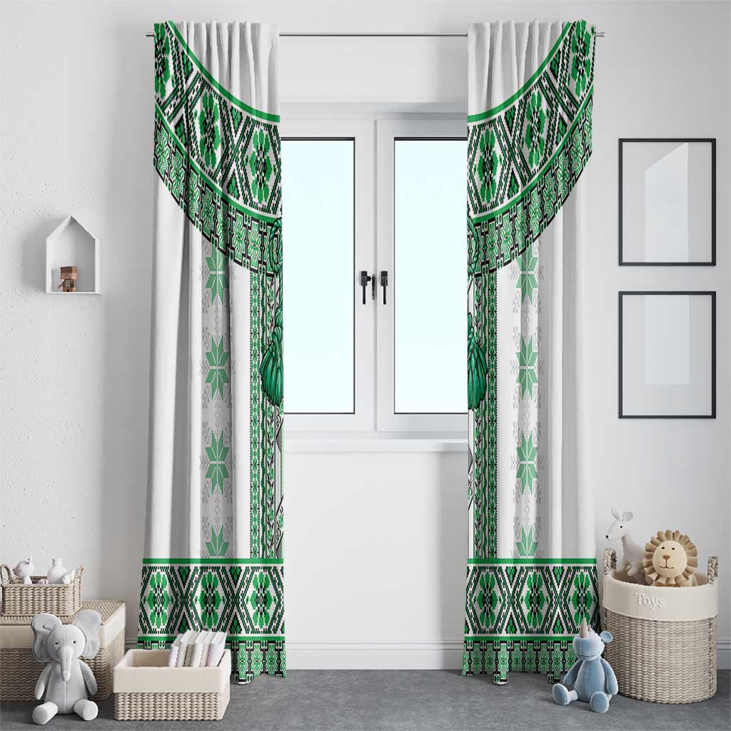 Ukraine Window Curtain Traditional Braided Rope Belt Green Folk Pattern