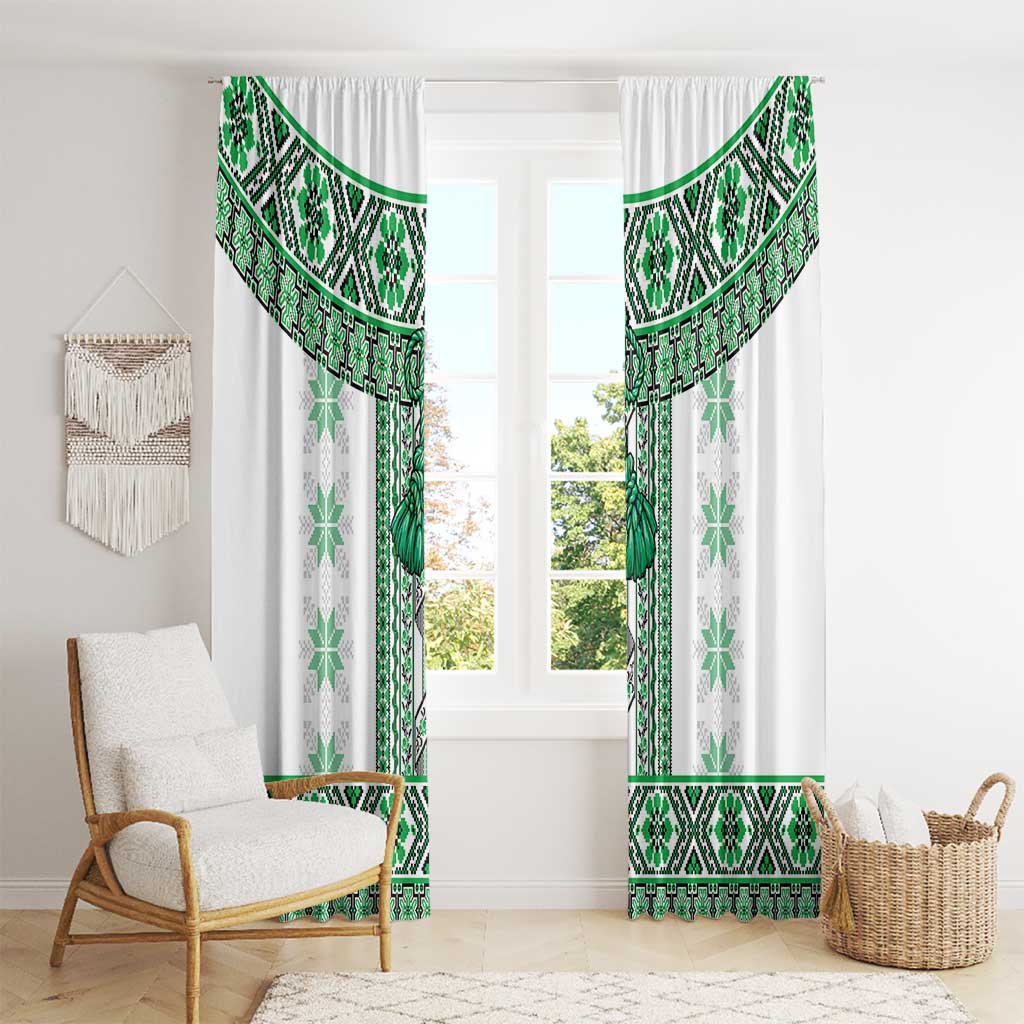 Ukraine Window Curtain Traditional Braided Rope Belt Green Folk Pattern
