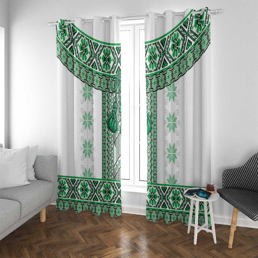 Ukraine Window Curtain Traditional Braided Rope Belt Green Folk Pattern