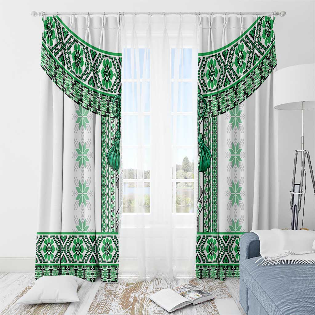 Ukraine Window Curtain Traditional Braided Rope Belt Green Folk Pattern
