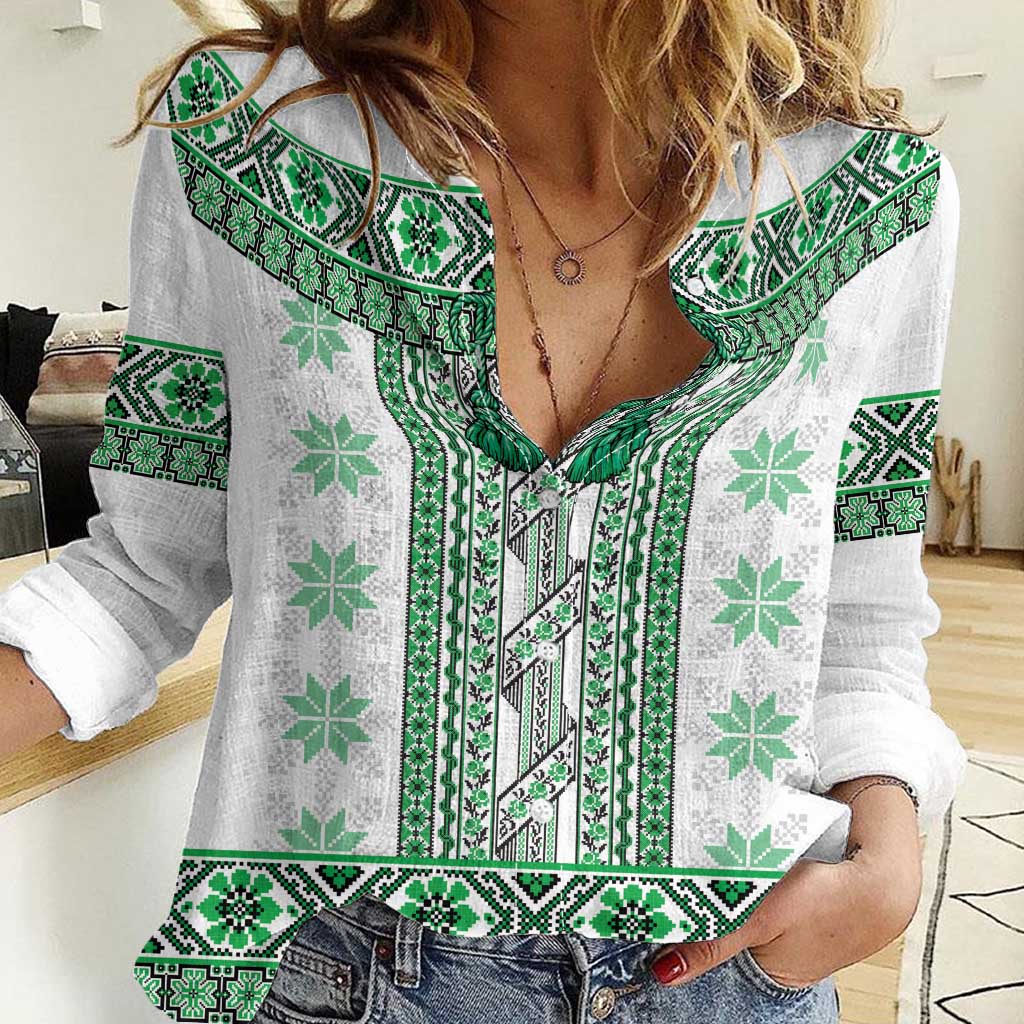 Ukraine Women Casual Shirt Traditional Braided Rope Belt Green Folk Pattern