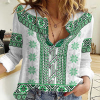Ukraine Women Casual Shirt Traditional Braided Rope Belt Green Folk Pattern