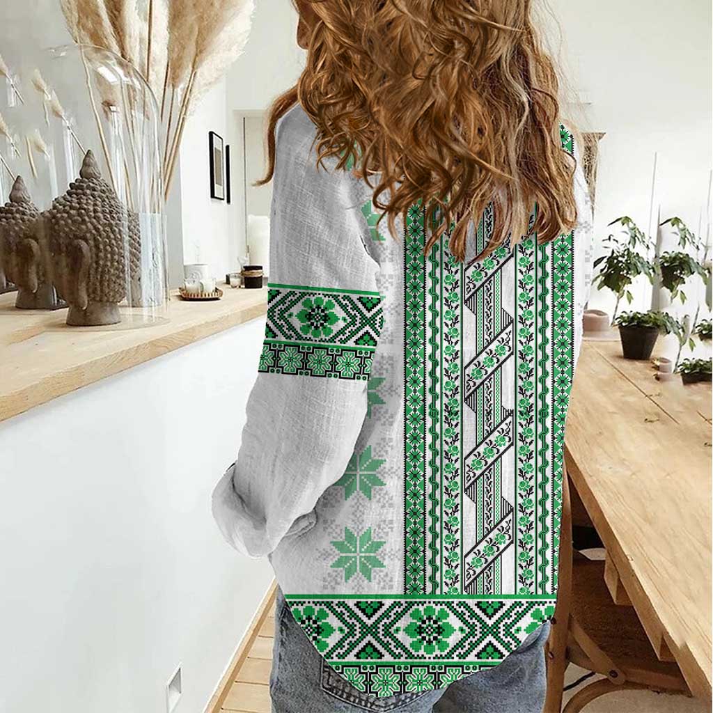Ukraine Women Casual Shirt Traditional Braided Rope Belt Green Folk Pattern