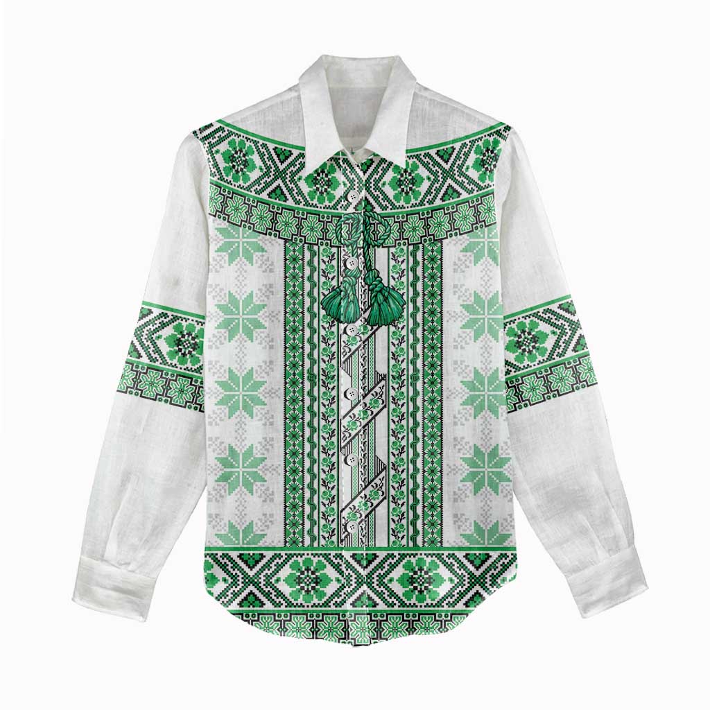 Ukraine Women Casual Shirt Traditional Braided Rope Belt Green Folk Pattern