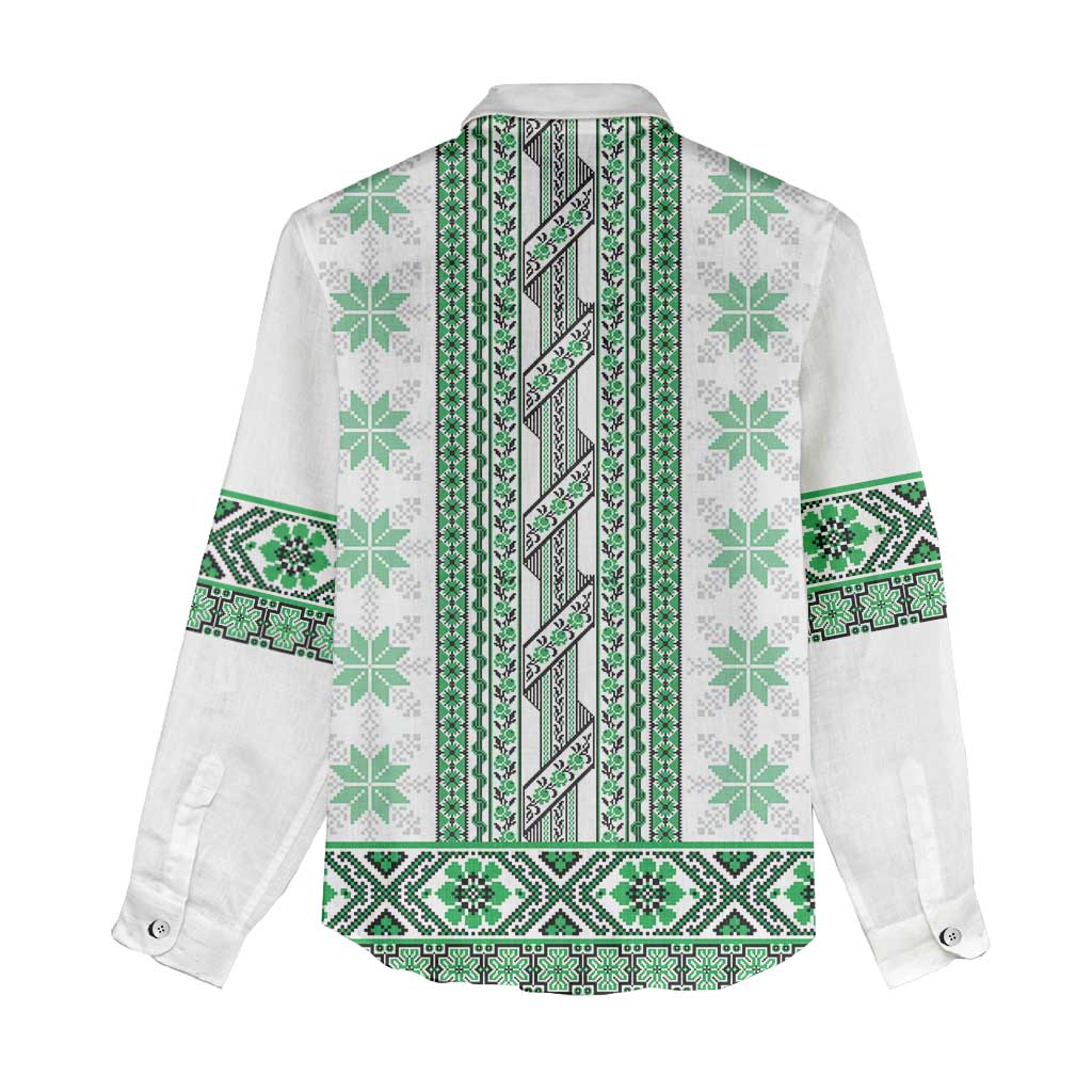 Ukraine Women Casual Shirt Traditional Braided Rope Belt Green Folk Pattern