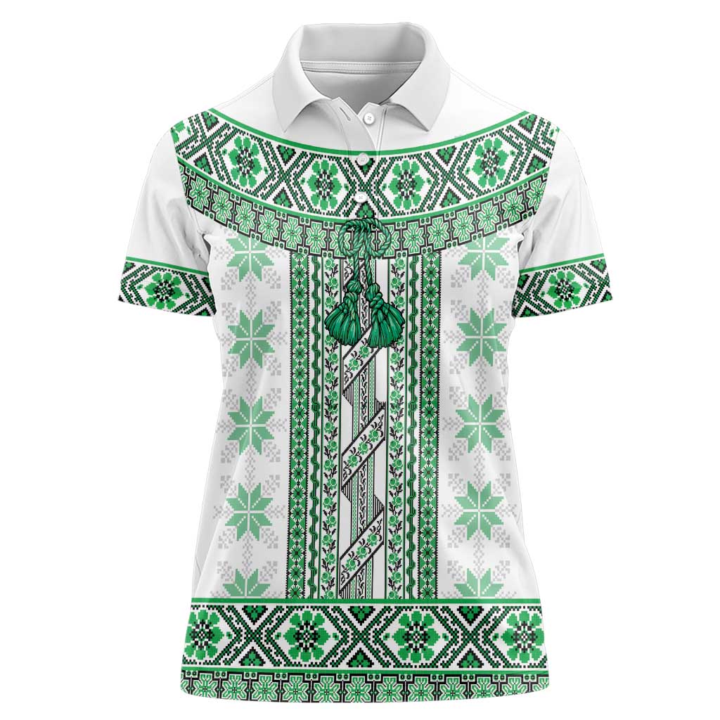 Ukraine Women Polo Shirt Traditional Braided Rope Belt Green Folk Pattern