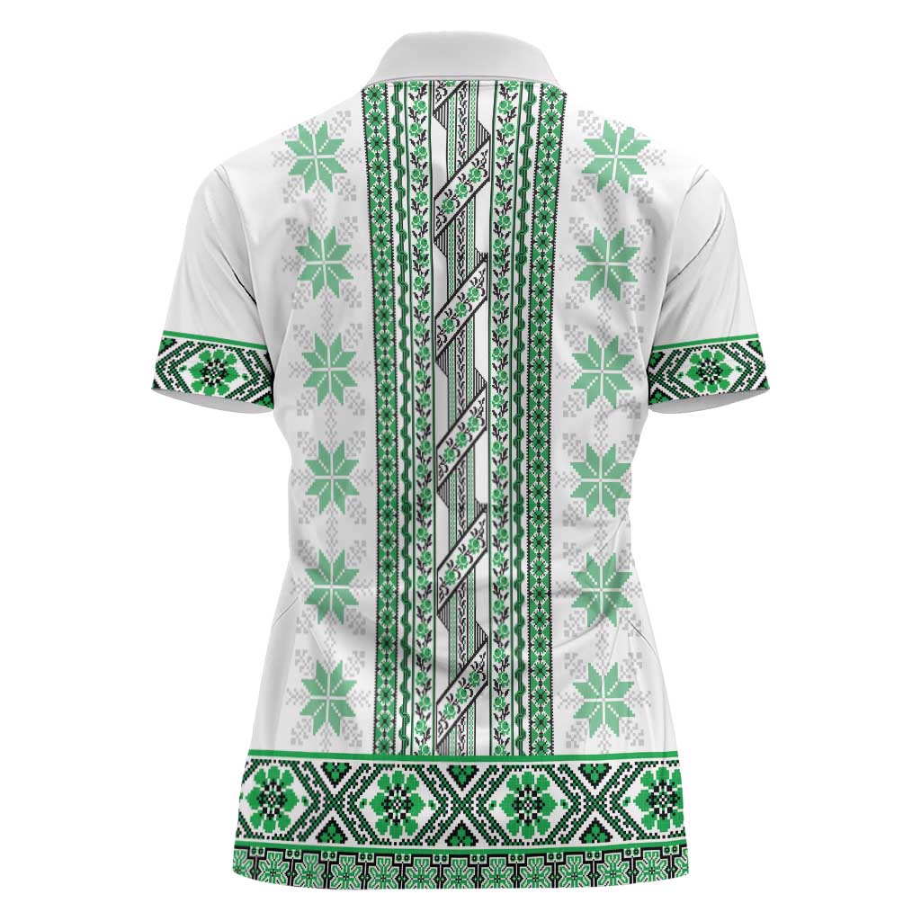 Ukraine Women Polo Shirt Traditional Braided Rope Belt Green Folk Pattern