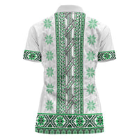 Ukraine Women Polo Shirt Traditional Braided Rope Belt Green Folk Pattern