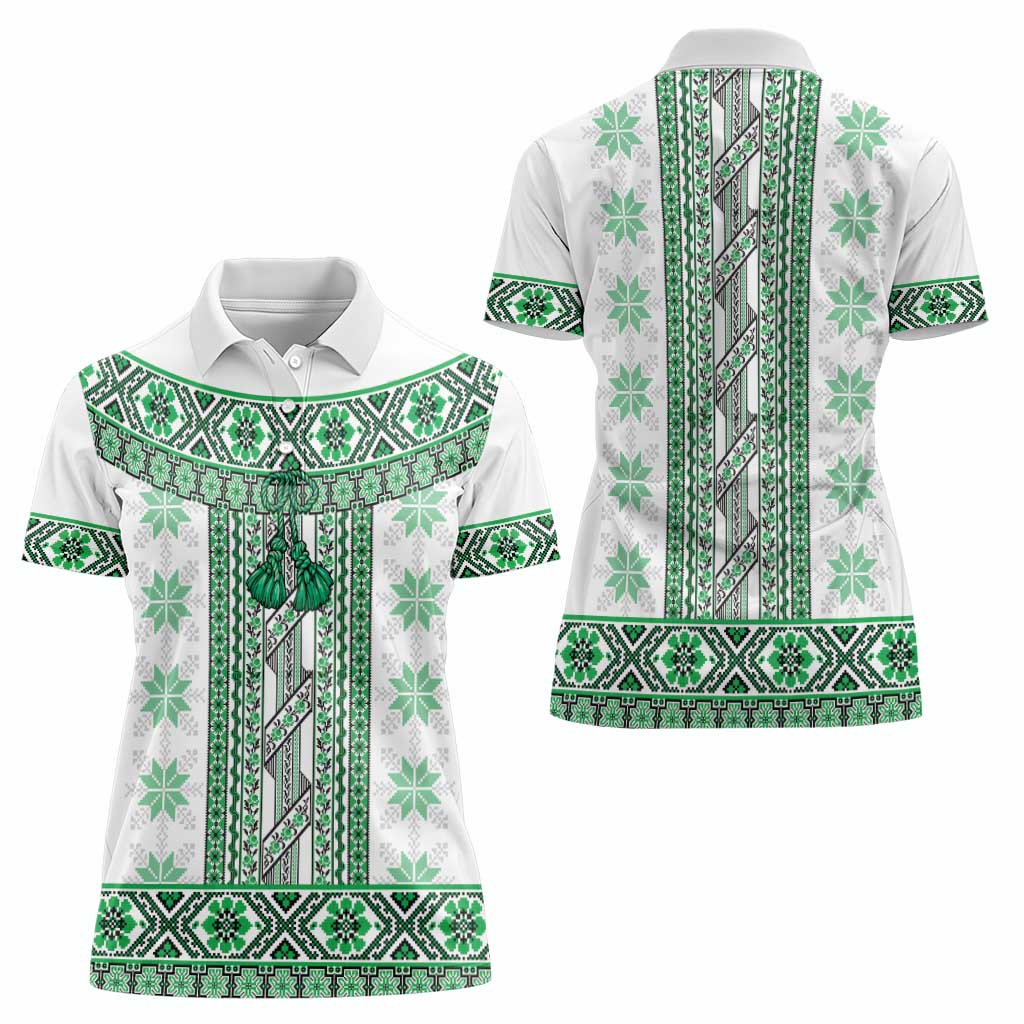 Ukraine Women Polo Shirt Traditional Braided Rope Belt Green Folk Pattern