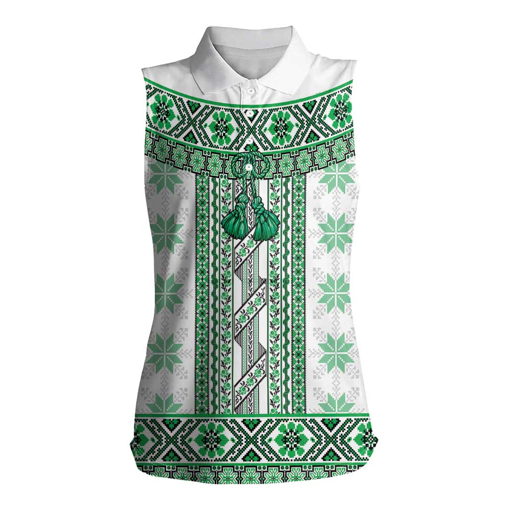 Ukraine Women Sleeveless Polo Shirt Traditional Braided Rope Belt Green Folk Pattern
