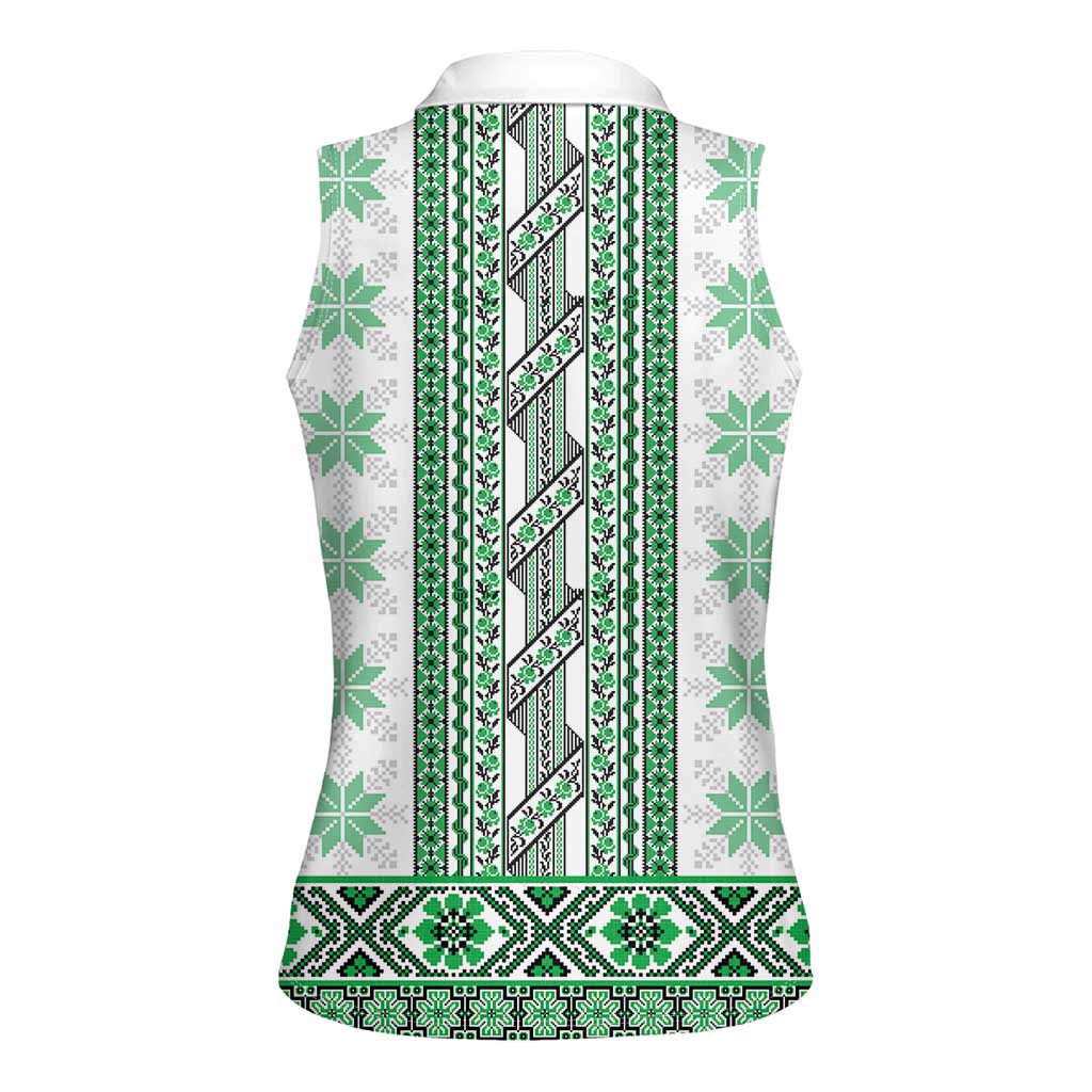 Ukraine Women Sleeveless Polo Shirt Traditional Braided Rope Belt Green Folk Pattern
