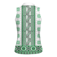 Ukraine Women Sleeveless Polo Shirt Traditional Braided Rope Belt Green Folk Pattern