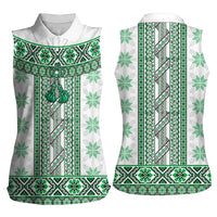 Ukraine Women Sleeveless Polo Shirt Traditional Braided Rope Belt Green Folk Pattern