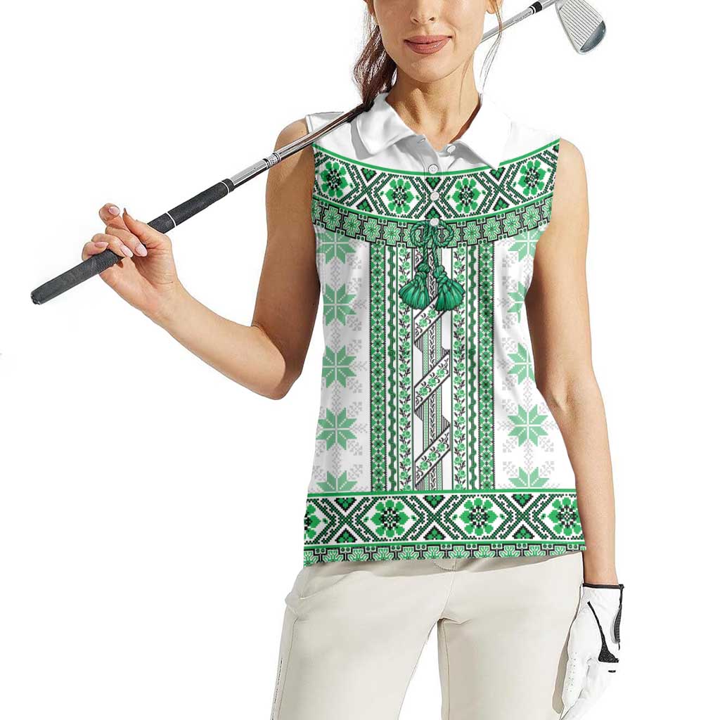 Ukraine Women Sleeveless Polo Shirt Traditional Braided Rope Belt Green Folk Pattern