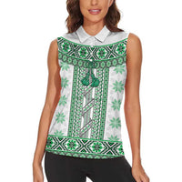 Ukraine Women Sleeveless Polo Shirt Traditional Braided Rope Belt Green Folk Pattern